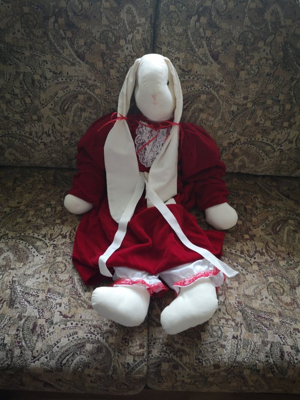 Handmade Vintage Stuffed Bunny in Red Velvet Dress Long Floppy Ears 31"
